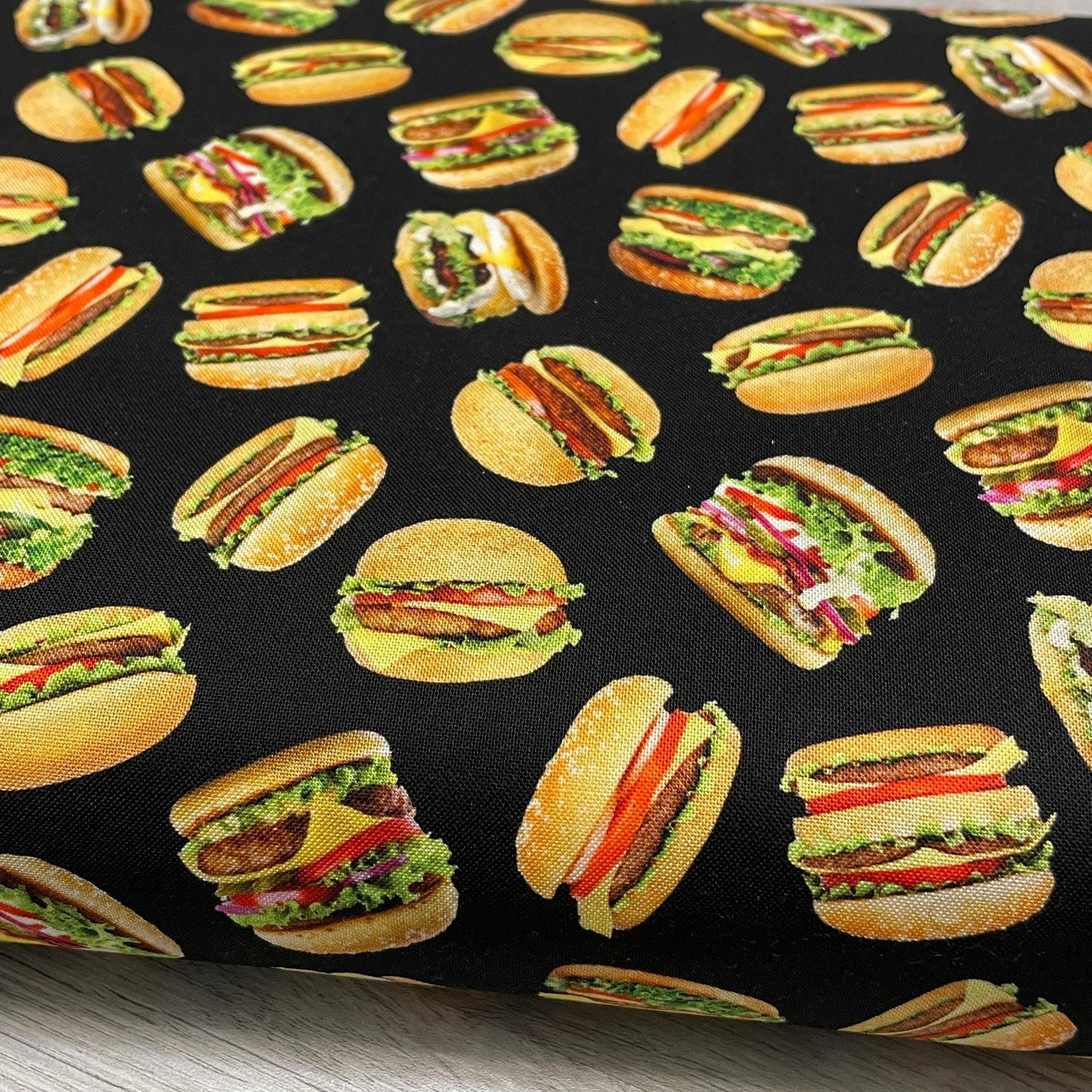 Hamburger Fabric - Favorite Foods - Elizabeth Studios - 100% Cotton Fabric - Cooking Grilling Kitchen - 701-Black