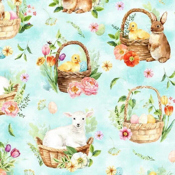 Easter Animal Fabric - Hoffman Fabrics - 100% Cotton - Easter Wonder - Animals in Baskets Breeze W5426-492