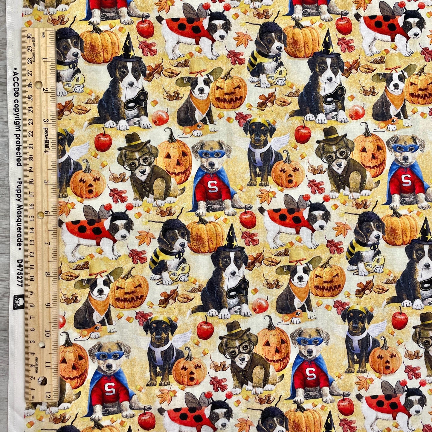 Halloween Dog Fabric - Puppy Masquerade - 100% Cotton - Halloween Trick or Treat Dress Up Costume
