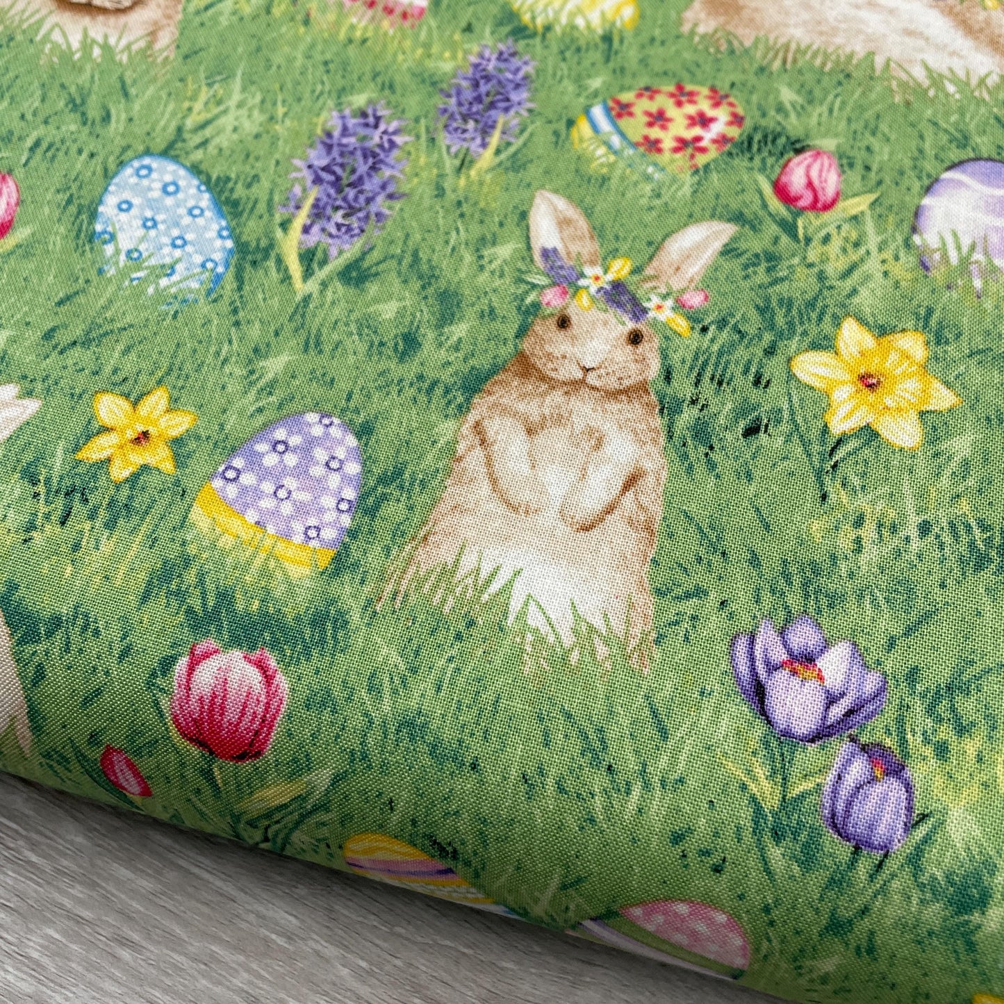 Easter Bunnies and Eggs on Grass - Henry Glass - Hoppy Hunting - 100% Cotton