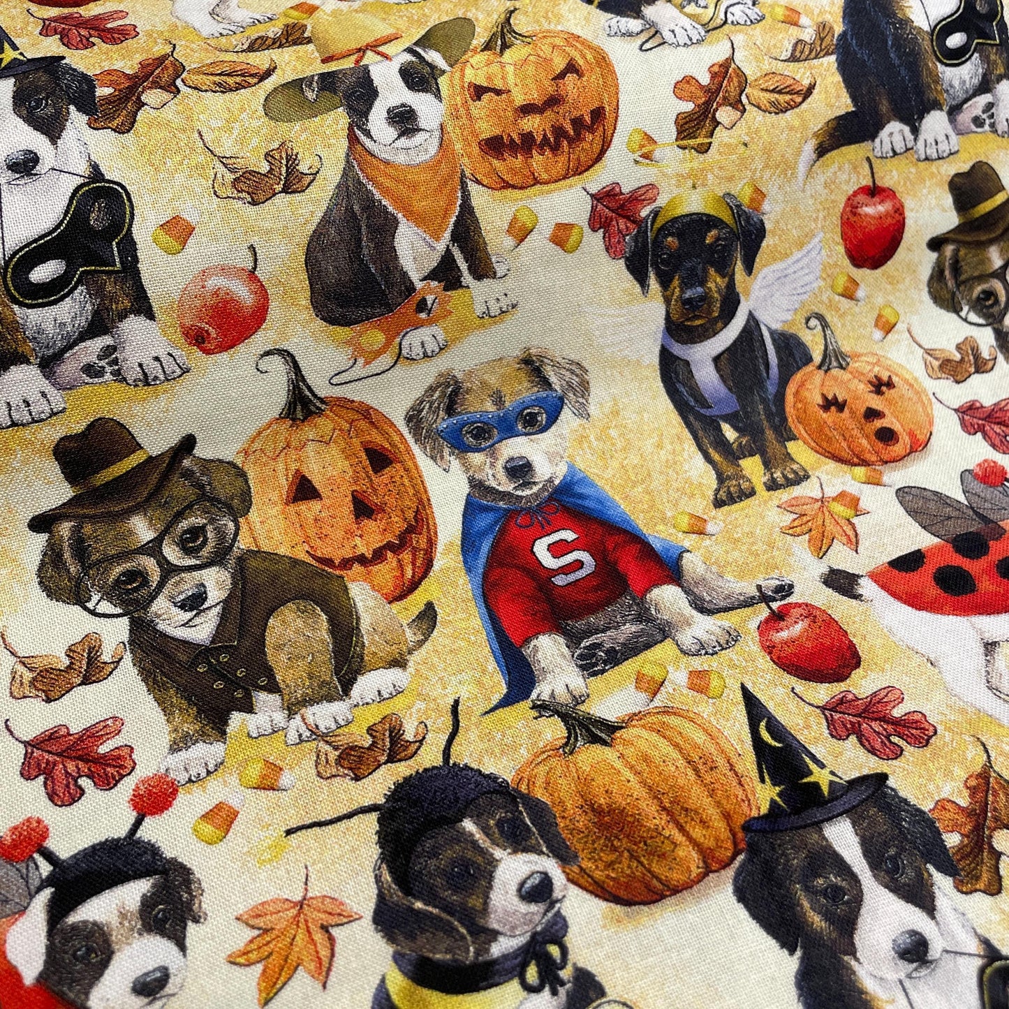 Halloween Dog Fabric - Puppy Masquerade - 100% Cotton - Halloween Trick or Treat Dress Up Costume