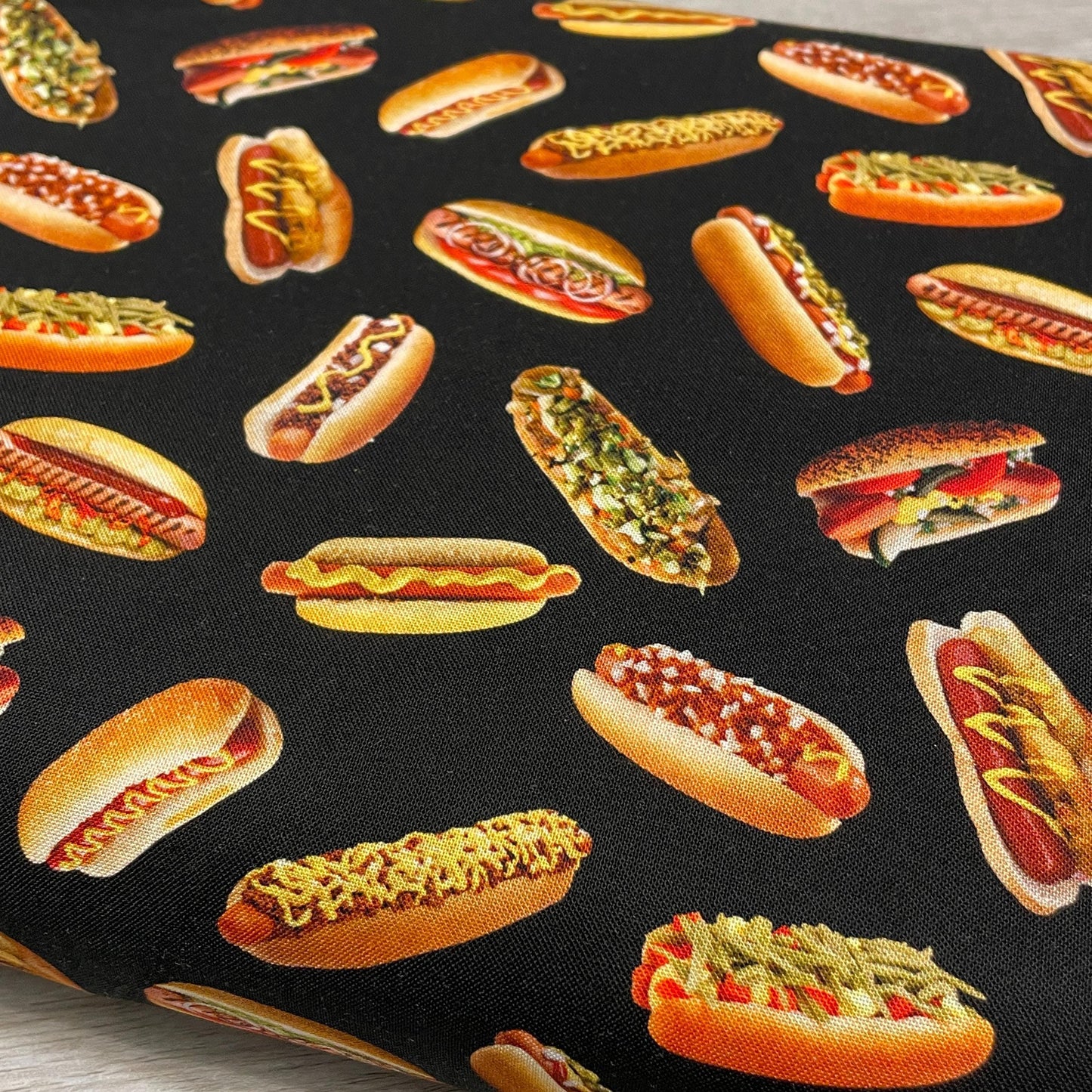 Hot Dog Fabric - Favorite Foods - Elizabeth Studios - 100% Cotton Fabric - Cooking Grilling Picnic Baseball Stadium Food - 702-Black