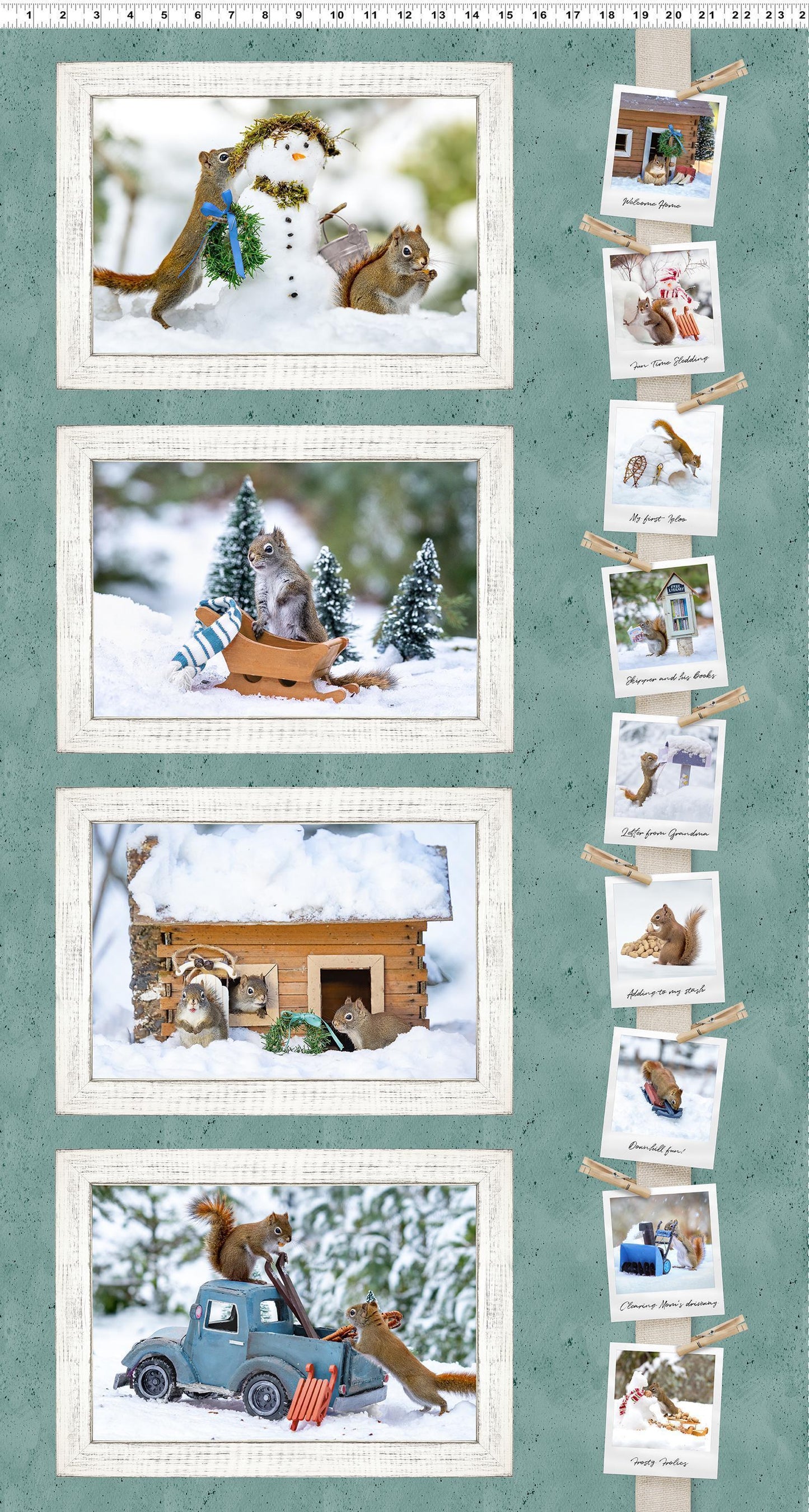Secret Life of Squirrels II Fabric Panel 24" x 43" - Teal - Clothworks - Y4217-104 Teal