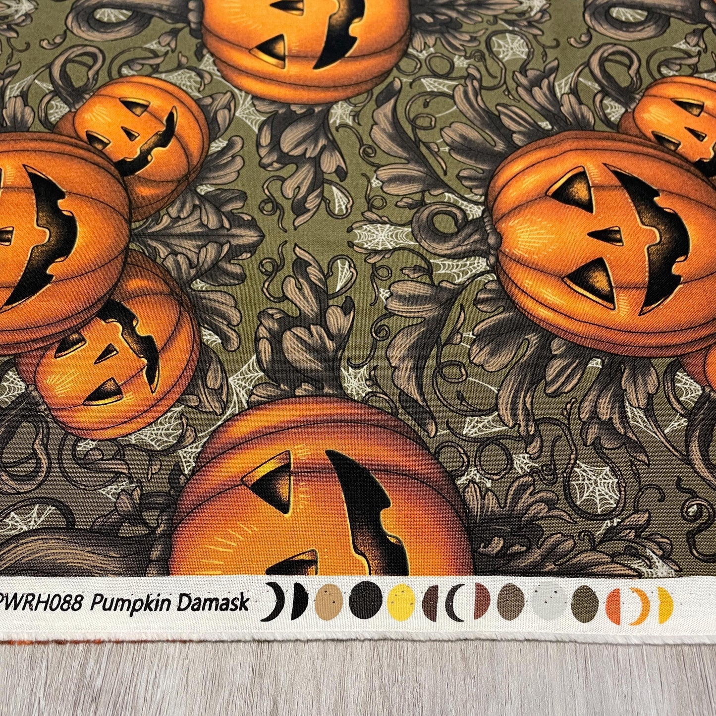 Halloween Fabric - Pumpkin Damask - Olive - 100% Cotton - FreeSpirit - Mystic Moonlight by Rachel Hauer