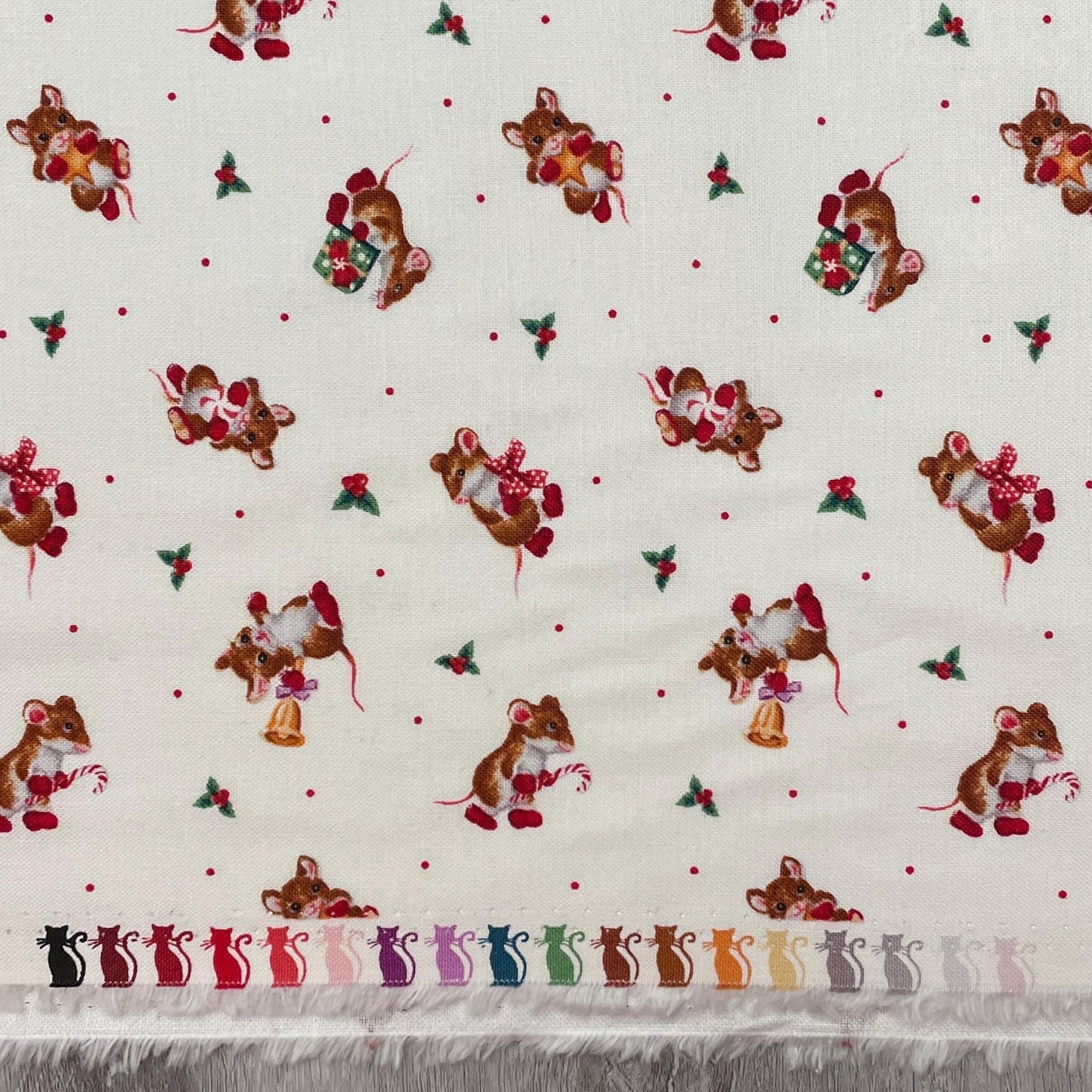 Christmas Mice Fabric - Mice with Red Boots - Furry and Bright