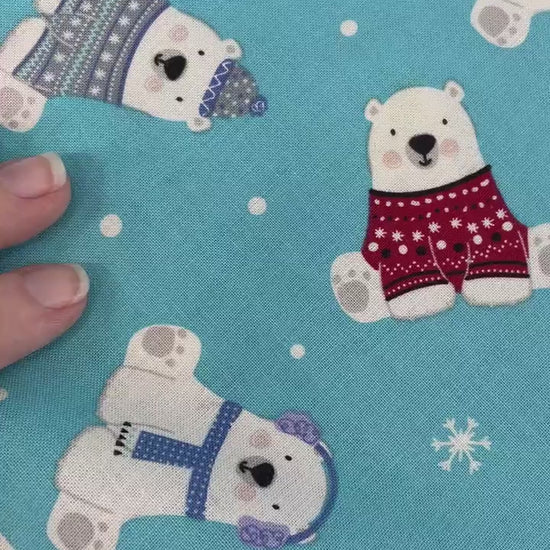 Polar Bear Express in Turquoise by Kanvas Studio - 100% cotton fabric - Christmas Winter Holiday Polar Bears in Sweaters - SHIPS NEXT DAY