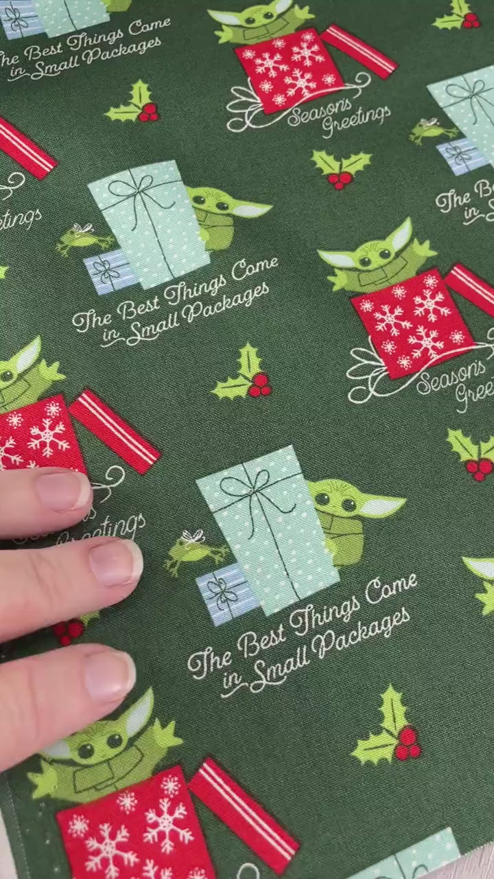 Grogu Mandalorian fabric - Best things come in small packages - 100% cotton - Camelot - Baby Yoda Christmas Holiday Fabric -SHIPS NEXT DAY