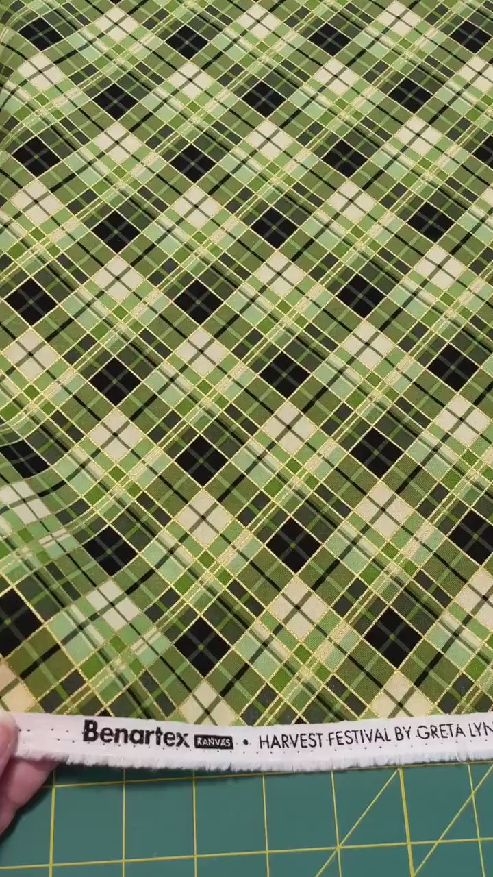 Autumn Plaid Green Fabric with Metallic Accents - Harvest Festival by Benartex - 100% Cotton - Thanksgiving print material - SHIPS NEXT DAY