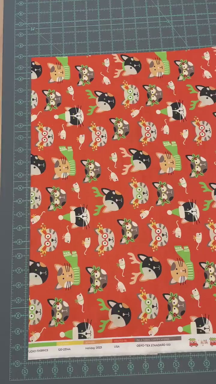 Christmas Cat Fabric - 100% Cotton Quilting Fabric - Cat Masquerade by Paintbrush Studio - Winter cats dressed for holidays - Ships NEXT DAY