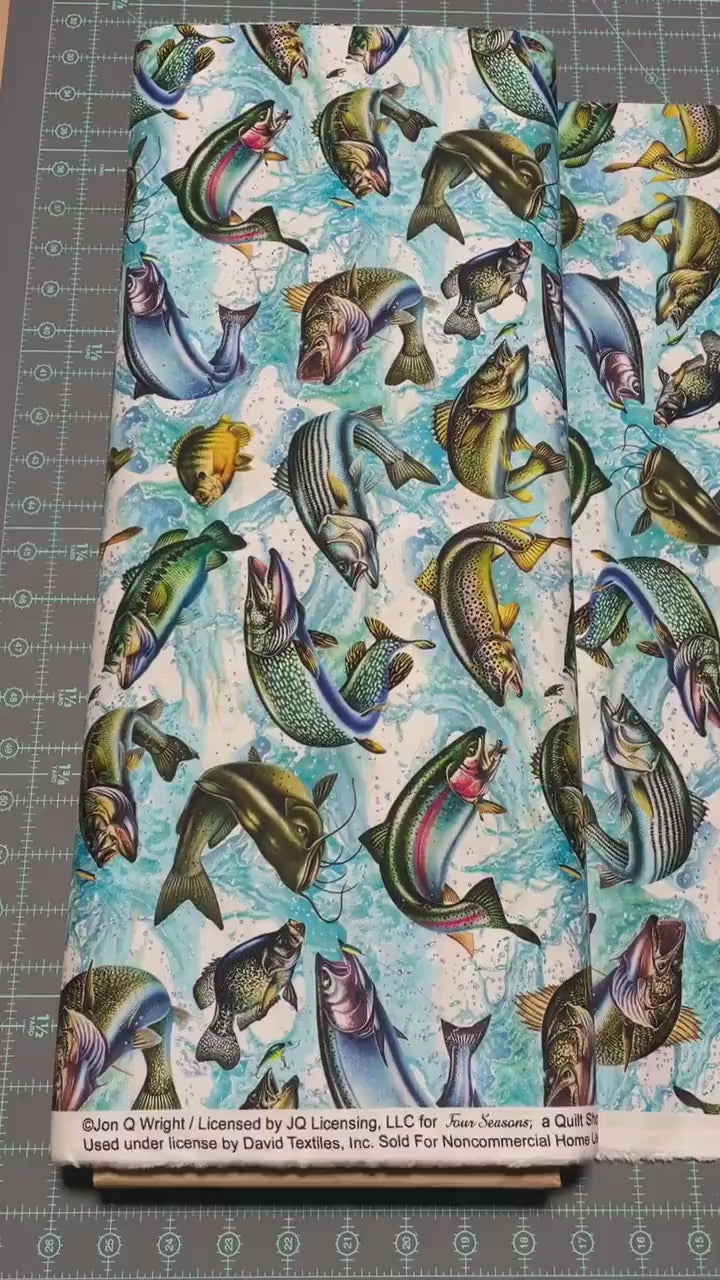 Fishing fabric - David Textiles Exclusive Print - Freshwater Fish - Fish Activity - 100% Cotton - Bass Trout Catfish Perch Quilting Cotton