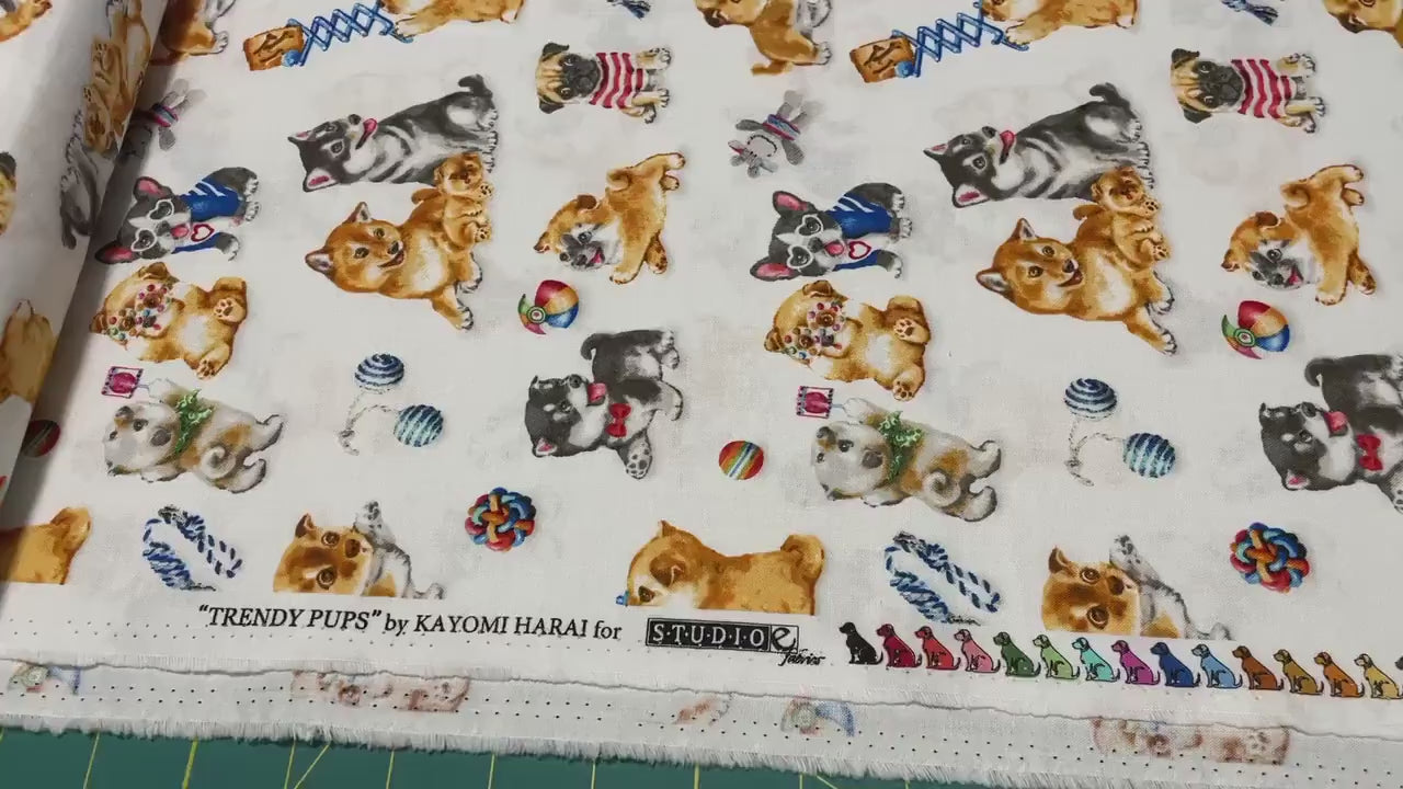 Dog fabric by the yard - Dog's Playing - Trendy Pups Collection from StudioE - 100% Cotton - Dog material Shiba Frenchie Pug -Ships NEXT DAY