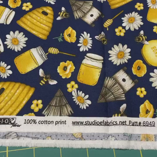Bee All You Can Bee - StudioE - 100% Cotton Fabric - Honeybee fabric bee material Dark Blue Bee fabric print honey theme - Ships NEXT DAY