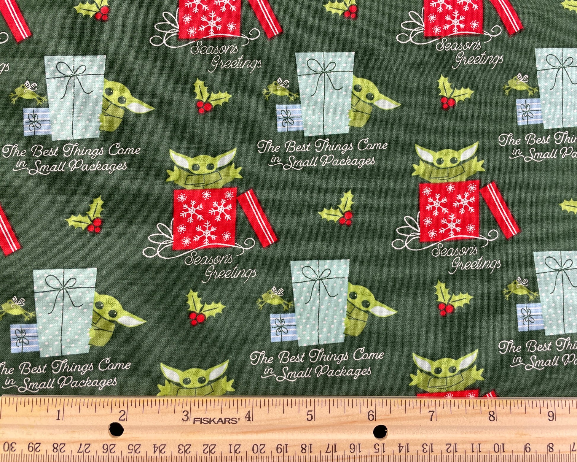Grogu Mandalorian fabric - Best things come in small packages - 100% cotton - Camelot - Baby Yoda Christmas Holiday Fabric -SHIPS NEXT DAY