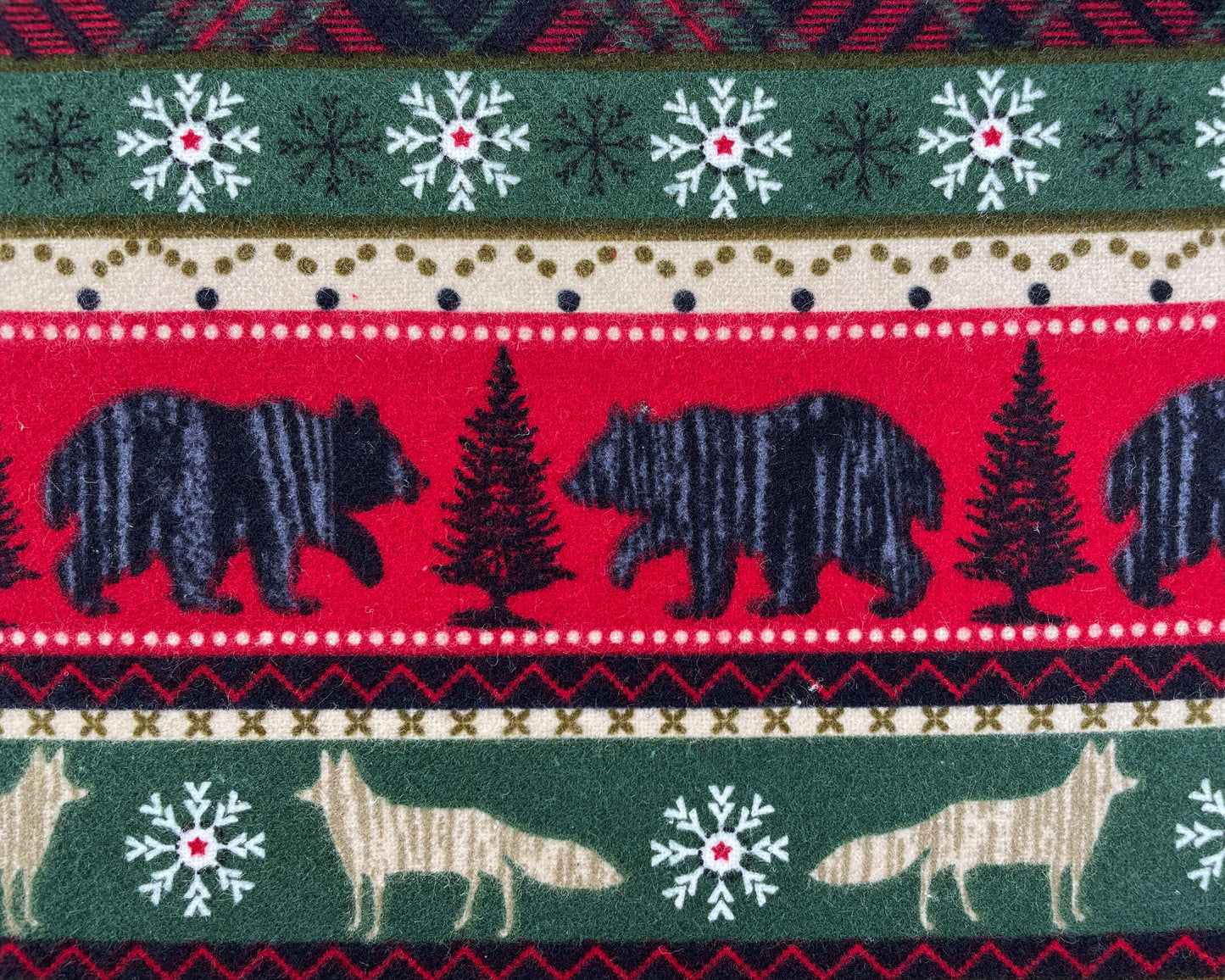 Woodland Animals Striped Super Snuggle Flannel Fabric - 100% Cotton - Winter fabric featuring Bears and Wolves - SHIPS NEXT DAY