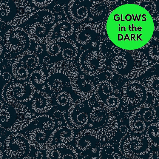 Wind Glow in the Dark Fabric - Michael Miller Whispering Winds in Navy - Light Up My World collection - 100% Cotton - Swirl - SHIPS NEXT DAY