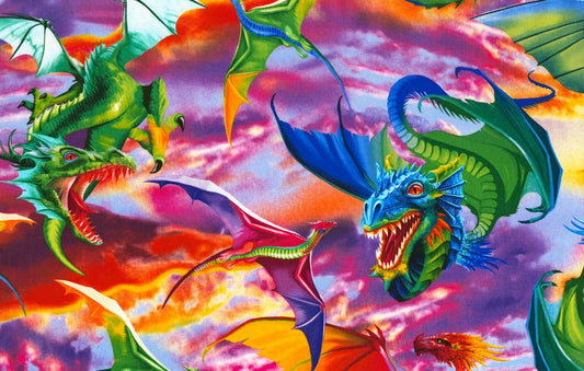 Dragons by Michael Searle for Timeless Treasures - 100% Cotton Fabric - Multicolor material dragon theme - Ships NEXT DAY - Large Scale!