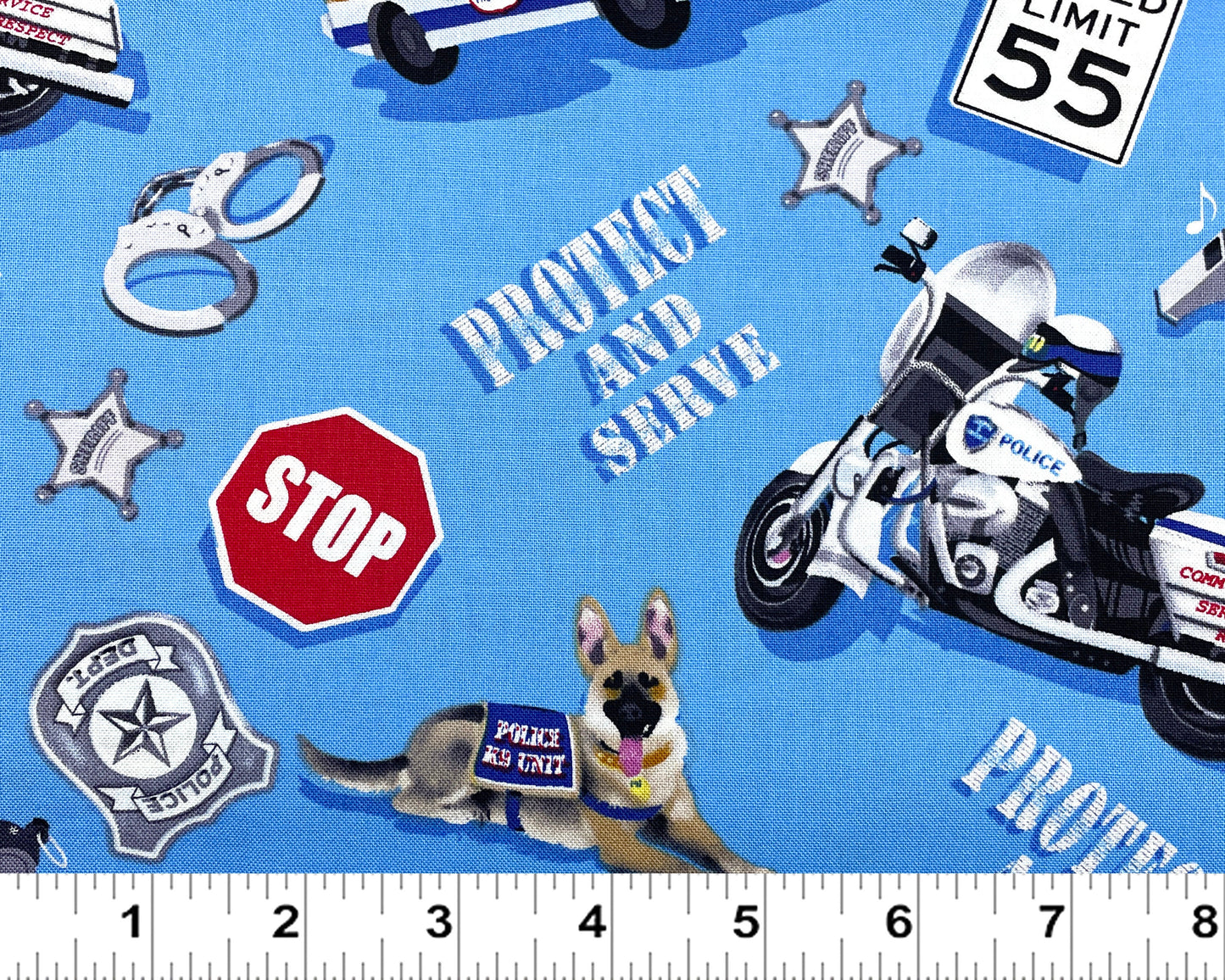 Blue Mobile Police Unit - To The Rescue Collection - By Robert Giordano for Henry Glass - 100% Cotton Fabric - Ships NEXT DAY