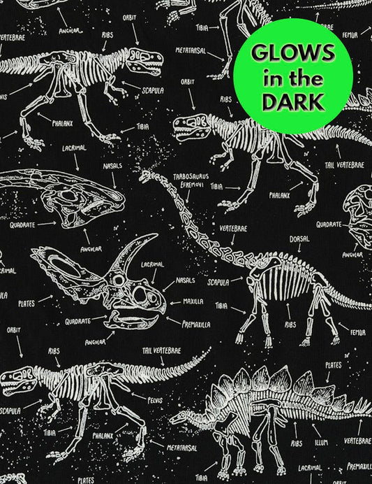 Dinosaur fabric by the yard - GLOW in the dark - Dino Skeletons by Timeless Treasures - 100% Cotton Fabric - Dino material - Ships NEXT DAY