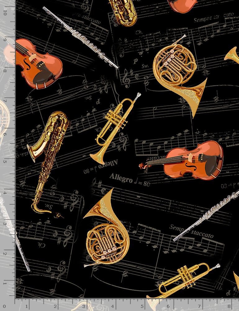 Music fabric with METALLIC accents - 100% Cotton - Timeless Treasures - Band instrument fabric Orchestra Music material - Ships NEXT DAY