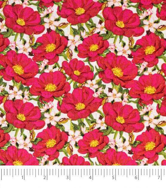 Flower fabric - 100% Cotton Quilting Fabric - pink floral fabric on white - flower material floral print quilting sewing - Ships NEXT DAY
