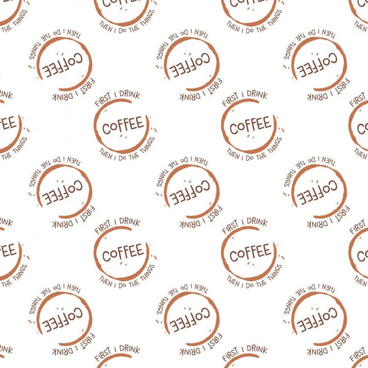 Coffee fabric by the yard - White But First Coffee - 100% Cotton - Camelot - coffee bean material funny fabric theme - Ships NEXT DAY