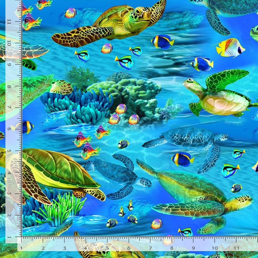 Realistic Sea turtles & Sea Life - Deep Blue Sea collection by Michael Searle for Timeless Treasures-100% Cotton Fabric-Ships NEXT DAY