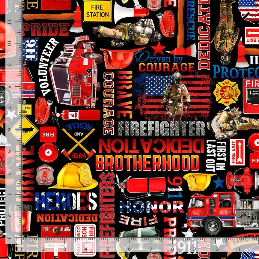 Firefighter Equipment and Text - NEW - Fire Department Collection by Timeless Treasures - 100% Cotton - Ships NEXT DAY