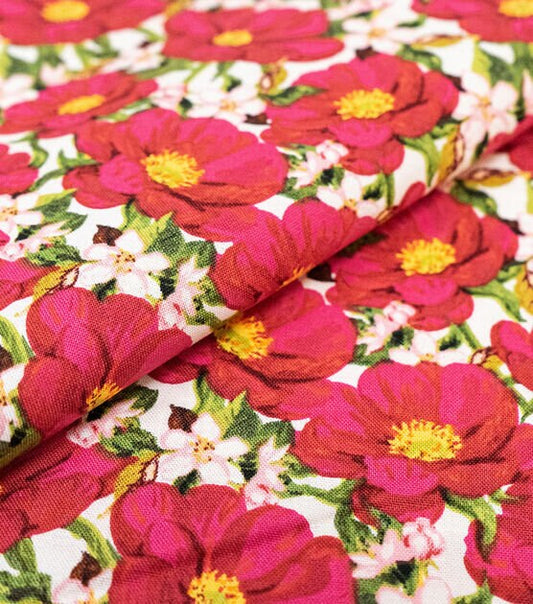 Flower fabric - 100% Cotton Quilting Fabric - pink floral fabric on white - flower material floral print quilting sewing - Ships NEXT DAY