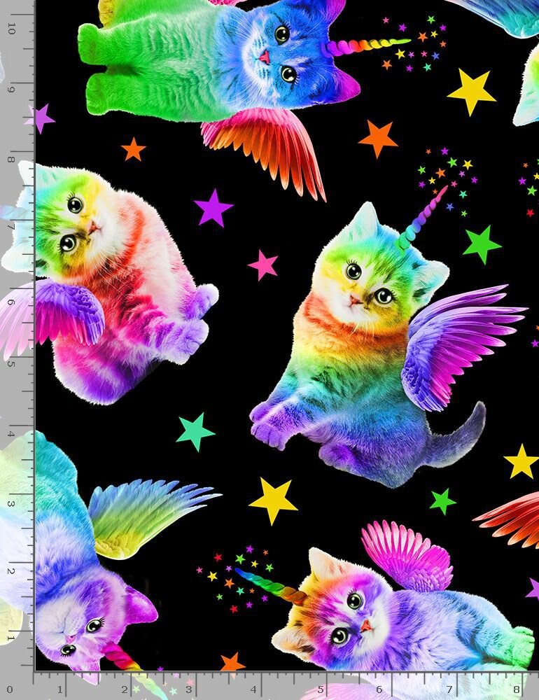Rainbow Unicorn Cat Fabric - Crazy for Cats Collection - Timeless Treasures - 100% Cotton Fabric - Colorful cat theme print - Ships NEXT DAY