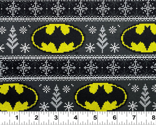 Batman Fabric - Fair Isle Winter - 100% cotton fabric by Camelot Fabrics - Batman Logo Batman Faux Sweater Comic Book Hero - SHIPS NEXT DAY
