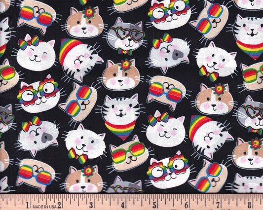 Cat Fabric by the yard - Cat face Rainbow Glasses - Cool Cats Toss - 100% Cotton Fabric material by Fabric Traditions - Ships NEXT DAY