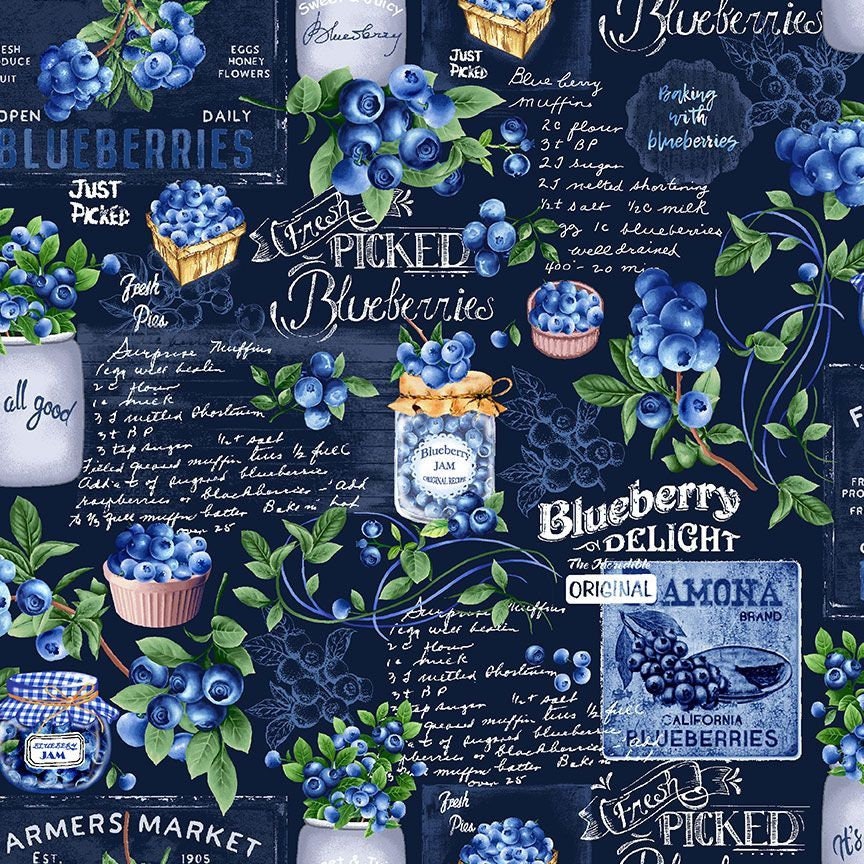 Blueberry Chalkboard by Timeless Treasures - Blueberry Delight Collection - 100% Cotton Fabric - food theme material - Ships NEXT DAY