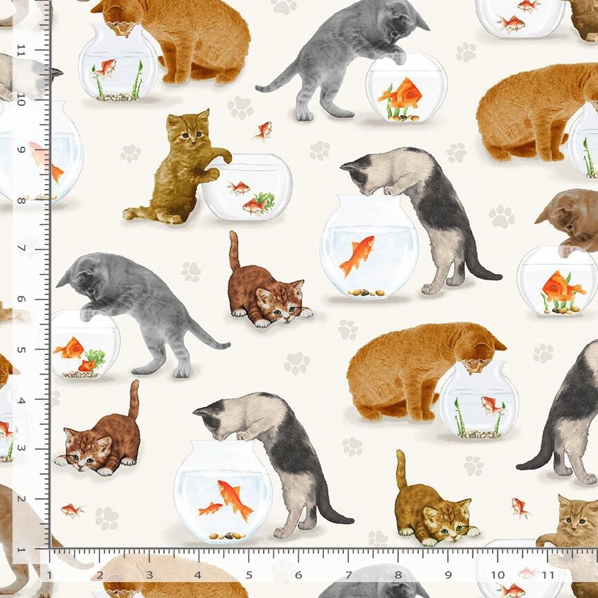 Cat Fabric - Cats and Fish Bowl by Timeless Treasures - You had me at Meow - 100% Cotton Fabric - Kitty kitten material - Ships NEXT DAY