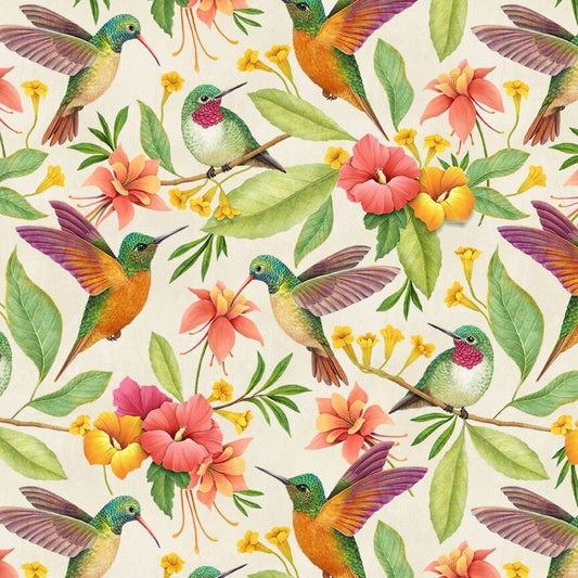 Humming bird & Tropical Florals fabric - Hummingbirds collection by Rosie Dore for Timeless Treasures - 100% cotton fabric - Ships NEXT DAY