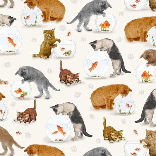 Cat Fabric - Cats and Fish Bowl by Timeless Treasures - You had me at Meow - 100% Cotton Fabric - Kitty kitten material - Ships NEXT DAY