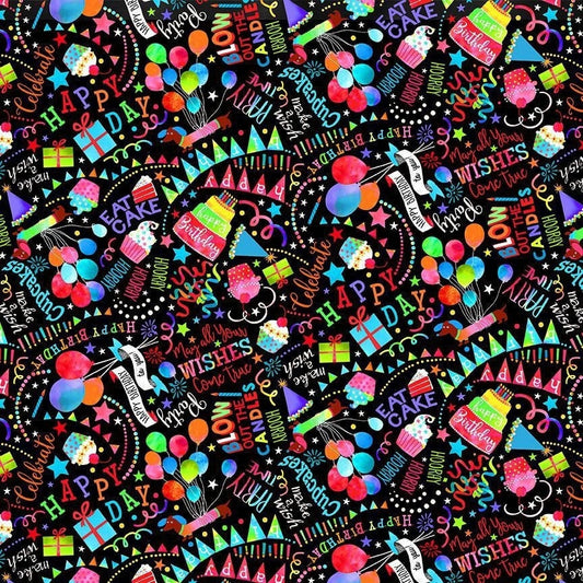 Happy Birthday Wishes - Party Animal Collection - 100% Cotton Fabric by Timeless Treasures - Multicolor material - Ships NEXT DAY