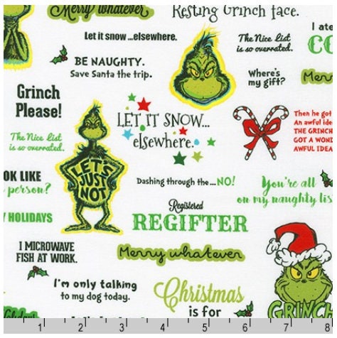 Robert Kaufman Grinch Fabric - Letters - How the Grinch Stole Christmas - 100% cotton - Funny Grinch Christmas Fabric - Ships NEXT DAY