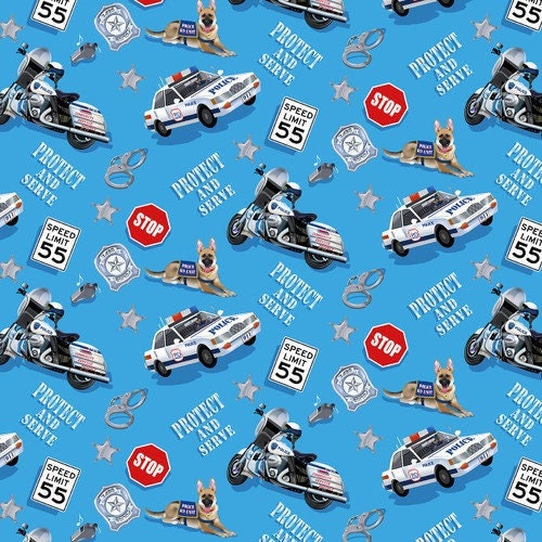 Blue Mobile Police Unit - To The Rescue Collection - By Robert Giordano for Henry Glass - 100% Cotton Fabric - Ships NEXT DAY