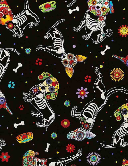 Dog Fabric - Day of the Dead - Timeless Treasures - 100% Cotton Fabric - Multicolor Sugar Skulls material - dog bones - Ships NEXT DAY
