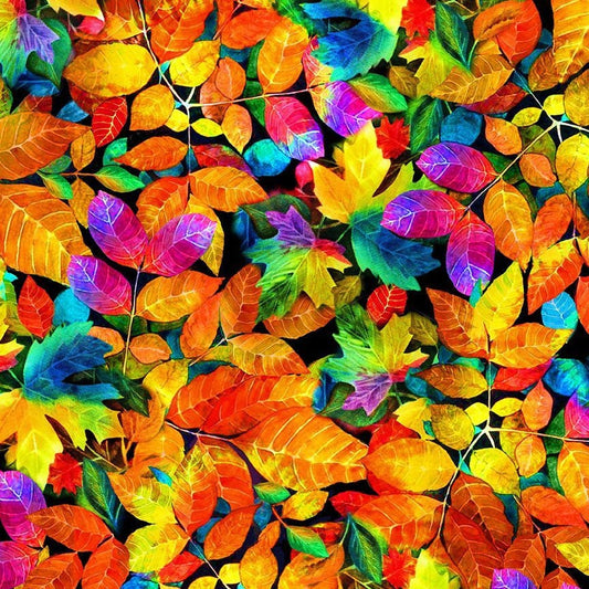 Electric Colors Fall Leaves Fabric - Nature's Glow by Timeless Treasures -100% Cotton- Multicolor leaf vibrant nature theme - Ships NEXT DAY