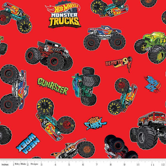 Hot Wheels Monster Trucks Red for Riley Blake - 100% cotton fabric - Mega Wrex, Tiger Shark, 5 Alarm, Gunkster, Race Age -Ships NEXT DAY