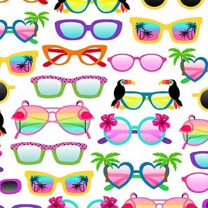 Sunglasses on white - Beach fabric - Let's Get Tropical by Michael Miller - 100% Cotton Fabric - Pool Party Hawaiian Luau - Ships NEXT DAY