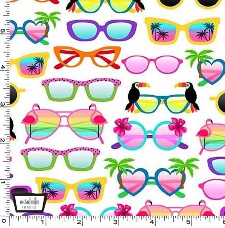 Sunglasses on white - Beach fabric - Let's Get Tropical by Michael Miller - 100% Cotton Fabric - Pool Party Hawaiian Luau - Ships NEXT DAY
