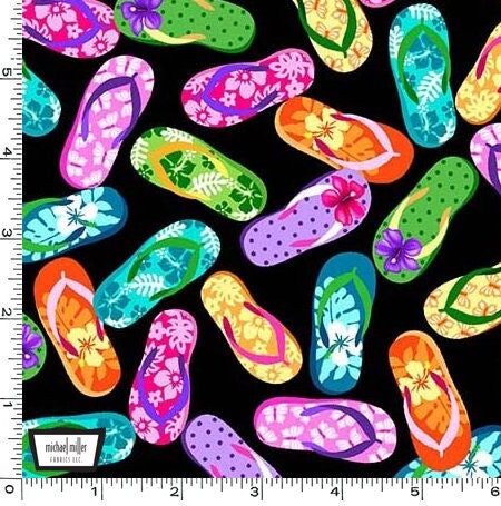Flip Flops on black - Beach fabric - Let's Get Tropical by Michael Miller - 100% Cotton Fabric - Pool Party Hawaiian Luau - Ships NEXT DAY