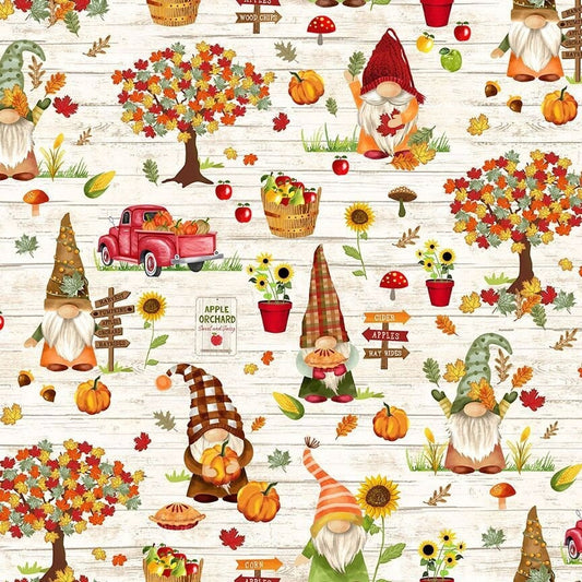 Fall Gnome Fabric - Timeless Treasures - Gnomes Pumpkin Patch & Apple Picking - 100% Cotton Fabric by the yard - Fall Fabric -Ships NEXT DAY