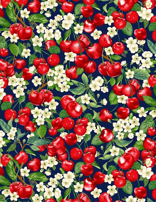 Cherry fabric by the yard - Cherries and Flowers - Timeless Treasures - 100% Cotton - food theme fruit print material - Ships NEXT DAY