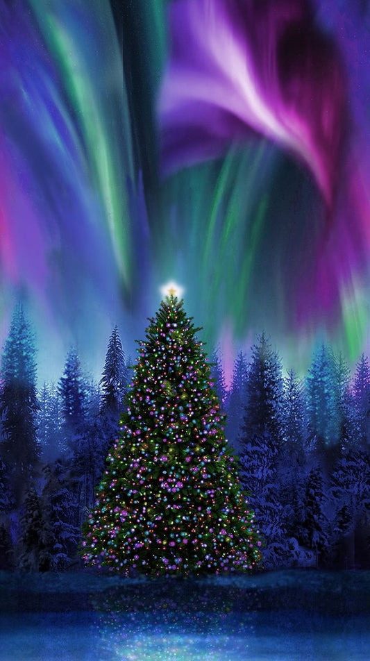 Christmas Tree Aurora Borealis Panel 23" x 43" - NEW - Timeless Treasures - 100% Cotton Fabric - Northern Lights Winter - SHIPS NEXT Day