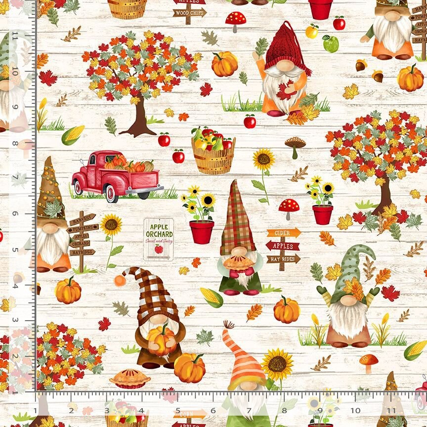 Fall Gnome Fabric - Timeless Treasures - Gnomes Pumpkin Patch & Apple Picking - 100% Cotton Fabric by the yard - Fall Fabric -Ships NEXT DAY