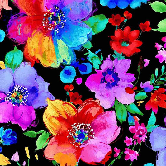 Colorful Floral Fabric - Large Bright Painted Florals - Untamed Beauty - 100% Cotton - Chong A Hwang for Timeless Treasures - Ships NEXT DAY