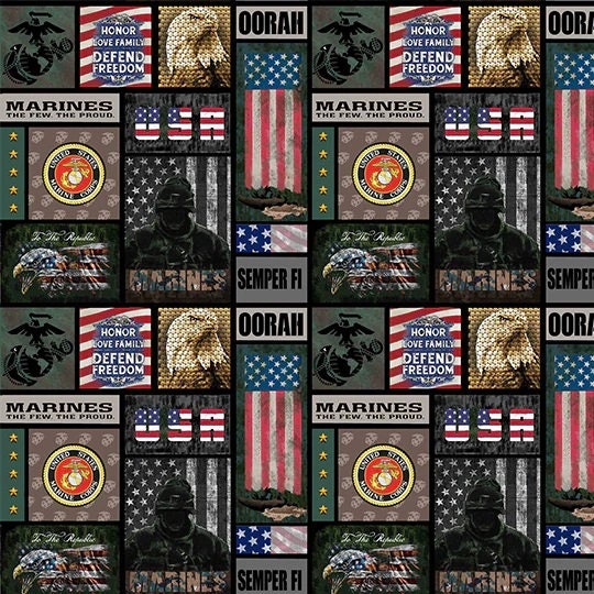 New! US Marines fabric - U.S. Military - Ships Next Day - Marines dog tags from Sykel, 100% Cotton Fabric, USMC US Marines
